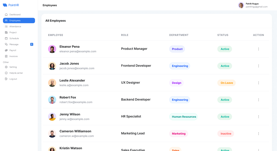 User interface of employee management system listing employees with details like name, email, role, department, and status with active, inactive, or on leave indicators.
