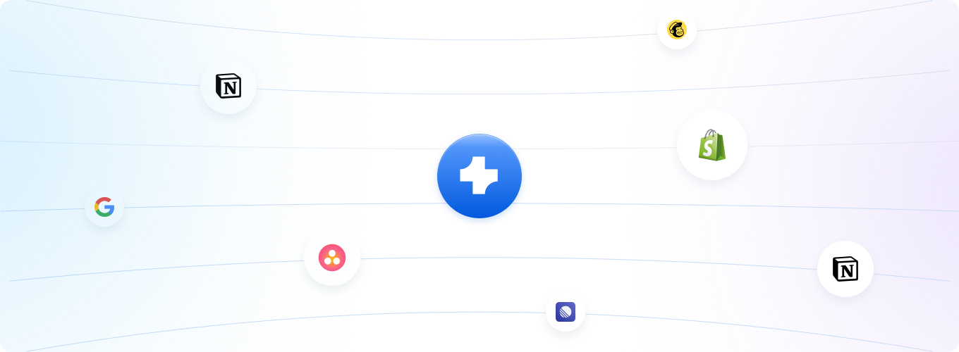 Blue circular icon with a white plus sign in the center surrounded by smaller icons for Notion, Google, Mailchimp, Shopify, and other apps on a gradient background with curved lines.