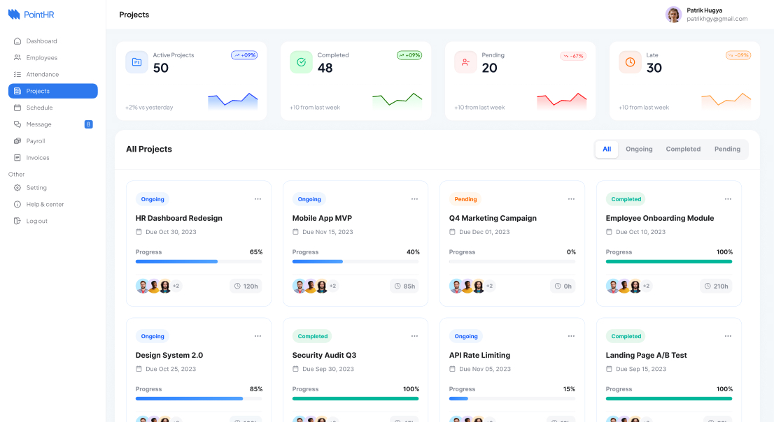 Dashboard interface for PointHR showing project statistics including active, completed, pending, and late projects with progress bars and team member icons for each project.