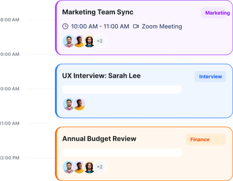 Three scheduled events with times: Marketing Team Sync from 10:00 AM to 11:00 AM with Zoom Meeting and four participants, UX Interview: Sarah Lee with two participants, and Annual Budget Review with five participants.