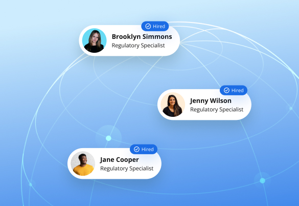 Profiles of three hired regulatory specialists, Brooklyn Simmons, Jenny Wilson, and Jane Cooper, displayed on a blue background with a globe outline.